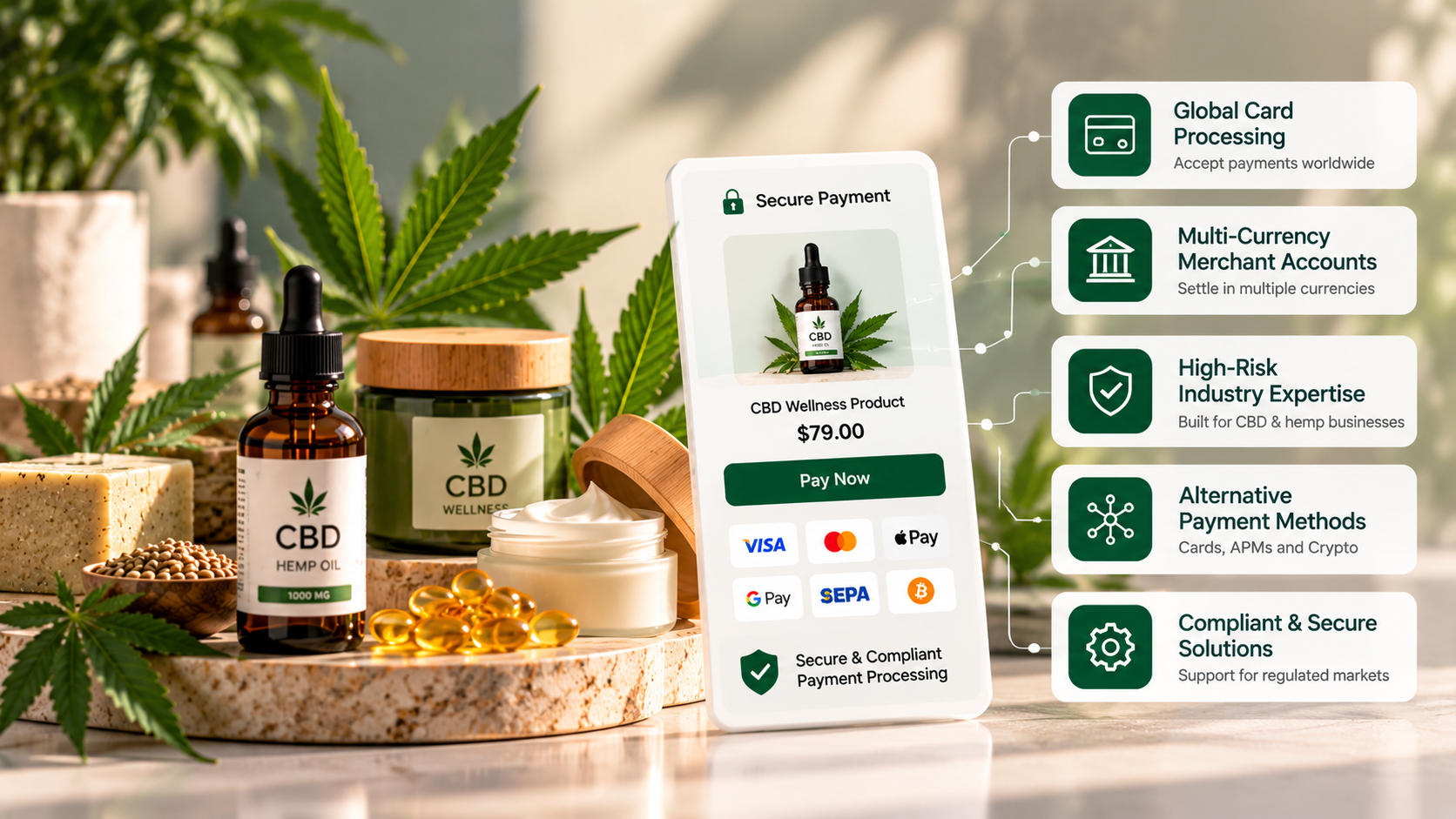 CBD merchant payment processing solutions with secure online checkout and multiple payment methods