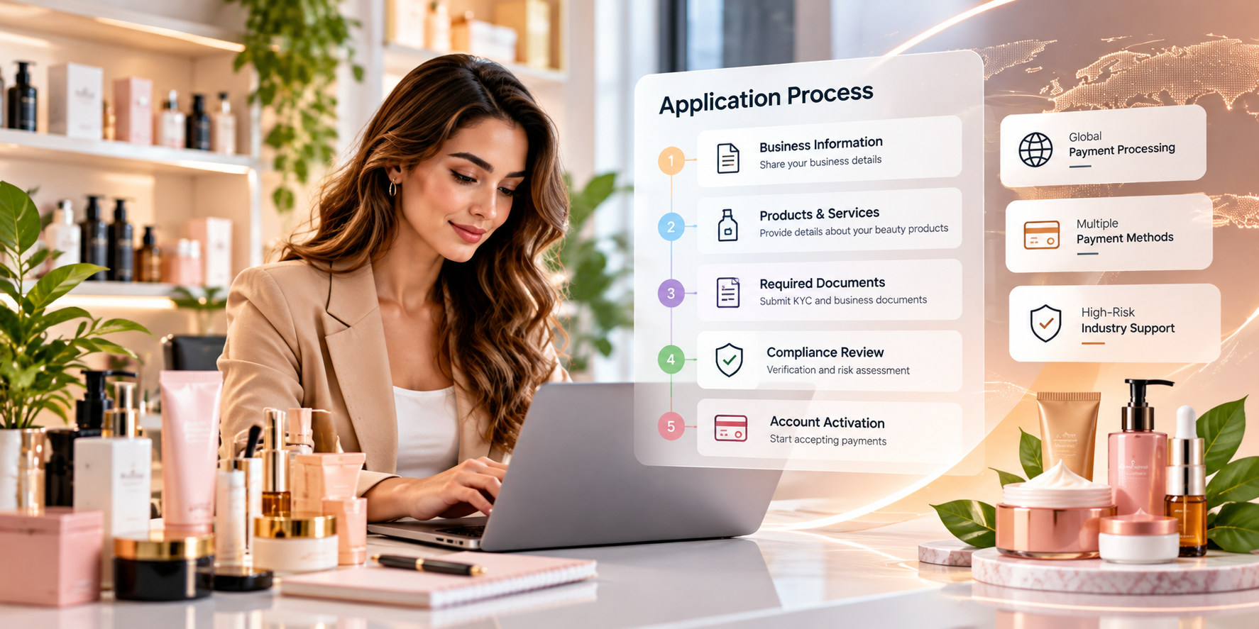 Health and beauty merchant account application process for cosmetics businesses