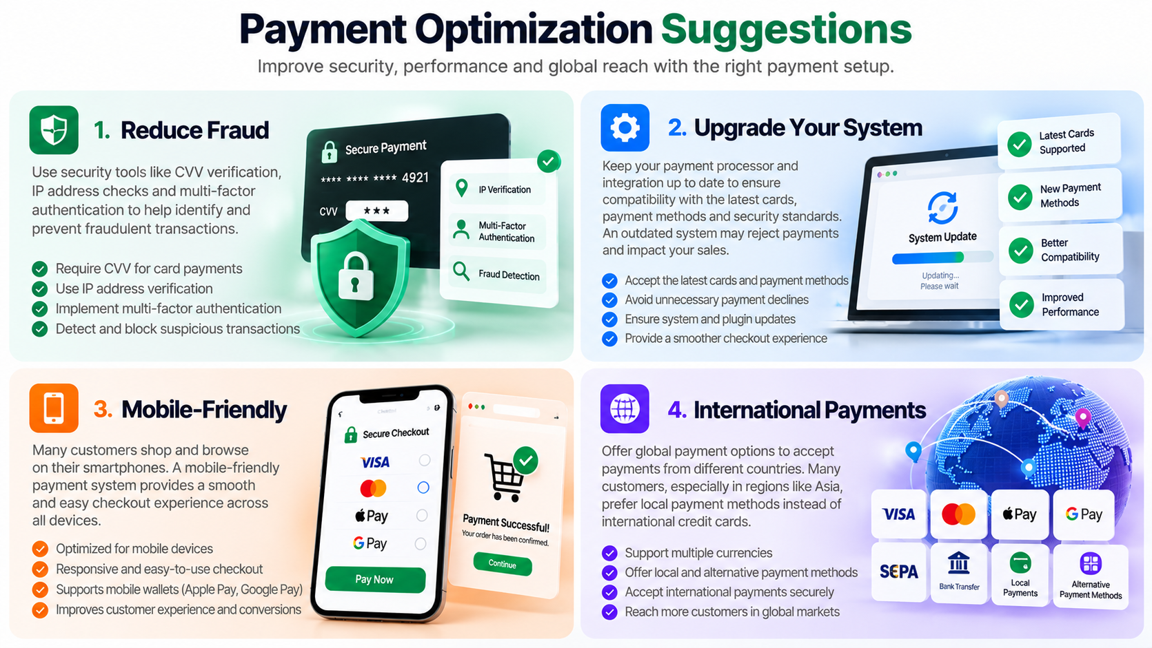 Payment optimization strategies for fraud prevention, system upgrades, mobile-friendly checkout and international payments